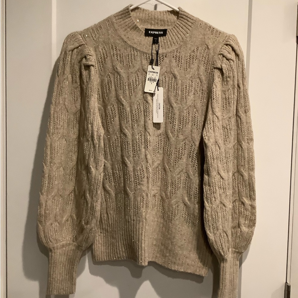 Express Women's Beige with Lurex Cable Knit Sweater NWT